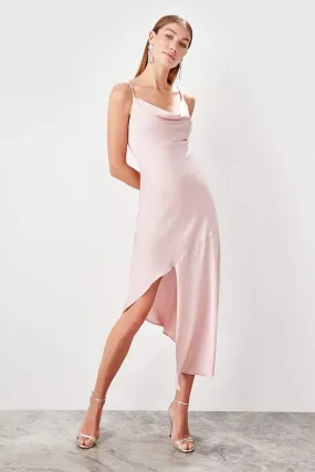 11612 Pink Cowl Neck Satin Dress