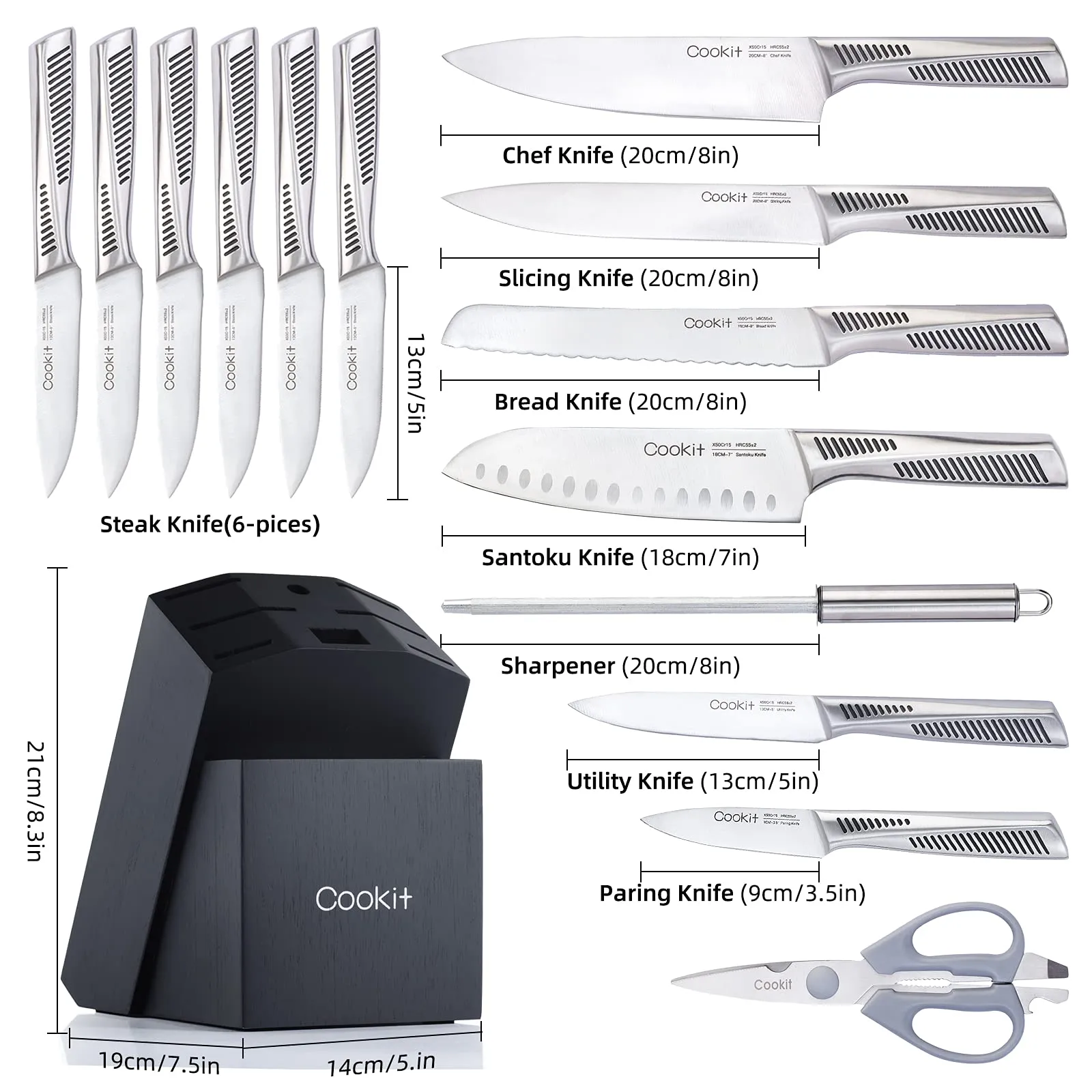 15 Pieces Chef Knives with Non-Slip German Stainless Steel Hollow Handle Cutlery Set