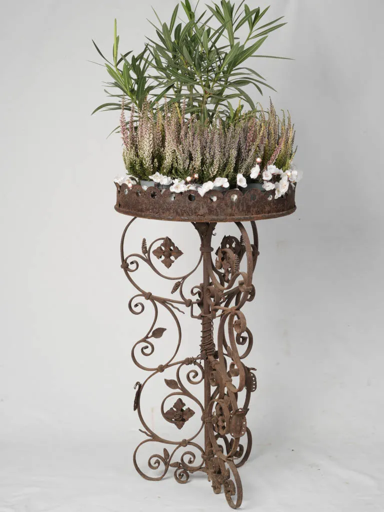 19th-Century French Wrought Iron Planter Stand with Scroll and Floral Motifs 36½" x 20¾"