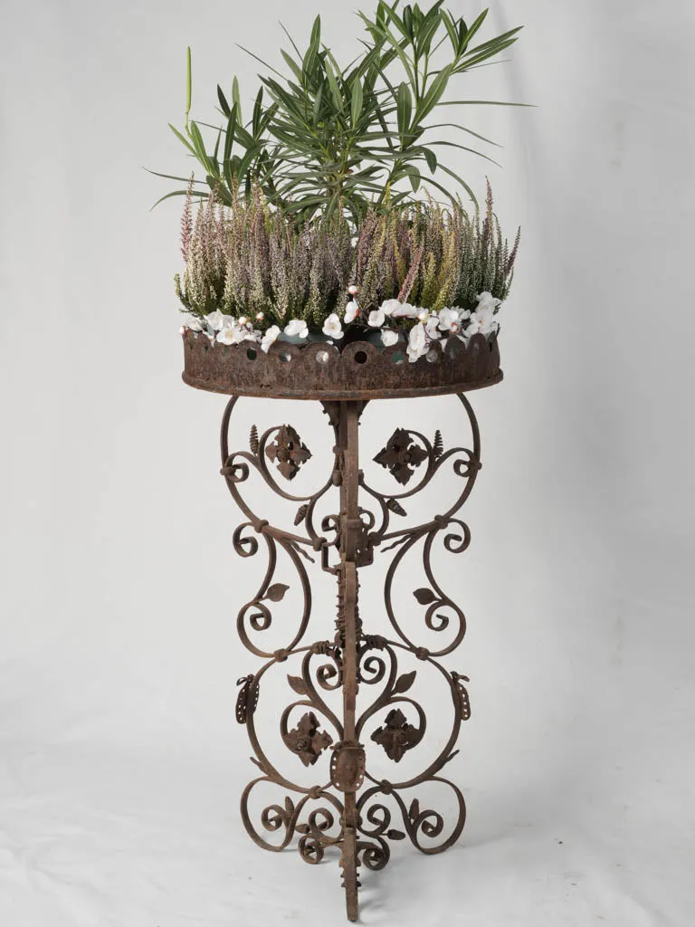 19th-Century French Wrought Iron Planter Stand with Scroll and Floral Motifs 36½" x 20¾"