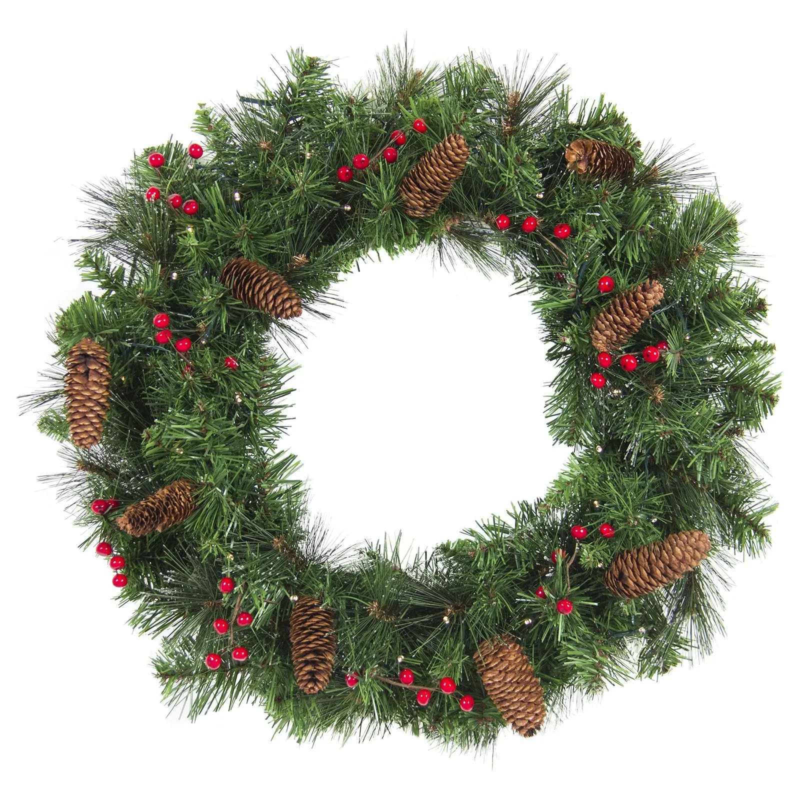 24in Pre-Lit 50 Light Spruce Christmas Wreath w/ Pine Cones, Berries