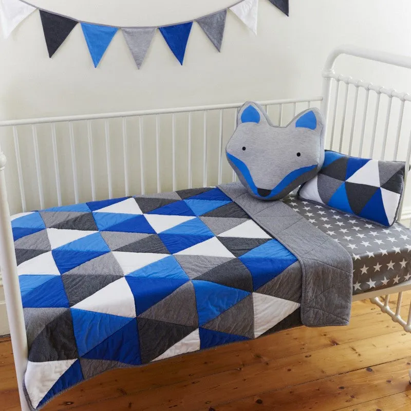 4 piece Blue Multi Soft Jersey Cotton Cot Quilt 2 Cushions & Bunting Flags Package