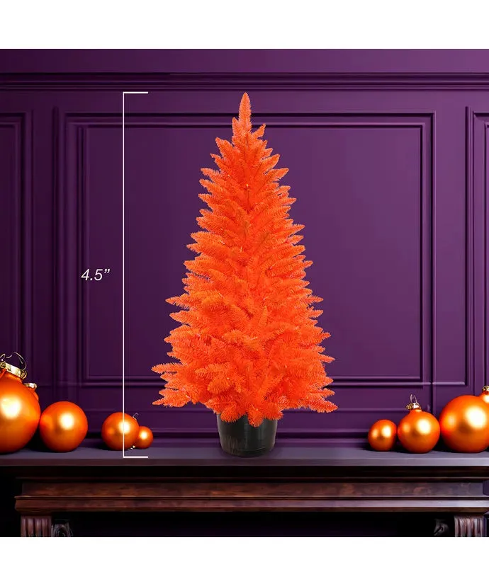 4.5' Battery Operated Pre-Lit Halloween Orange Potted Tree With Orange LED Lights