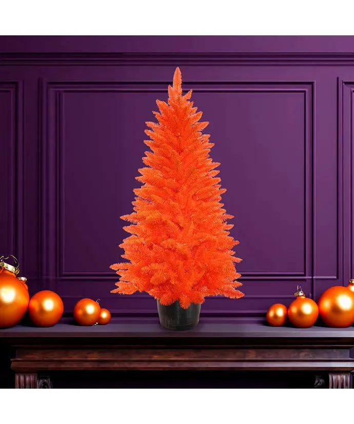 4.5' Battery Operated Pre-Lit Halloween Orange Potted Tree With Orange LED Lights