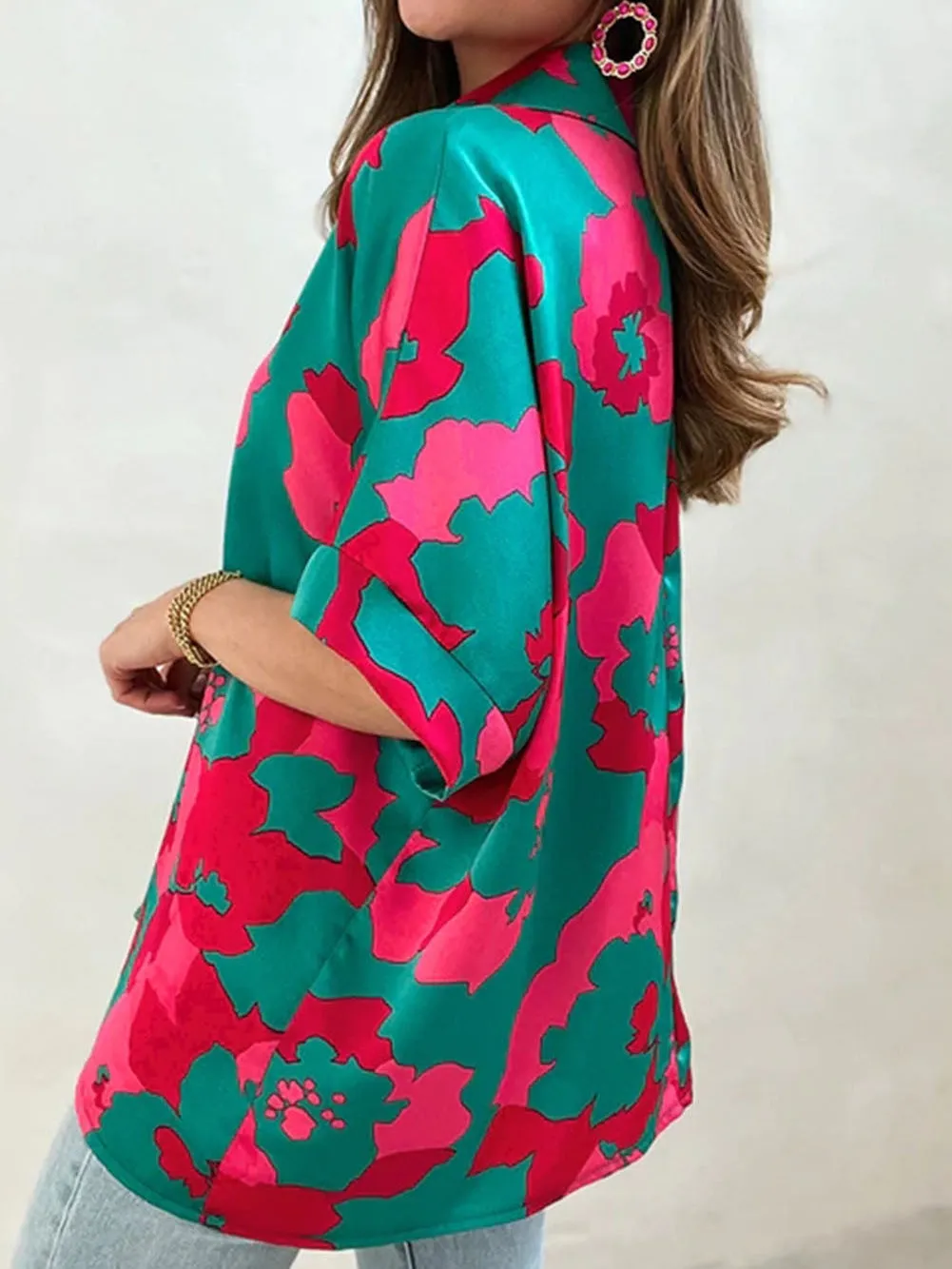 Abstract Green V-Neck Blouse with Geometric Print