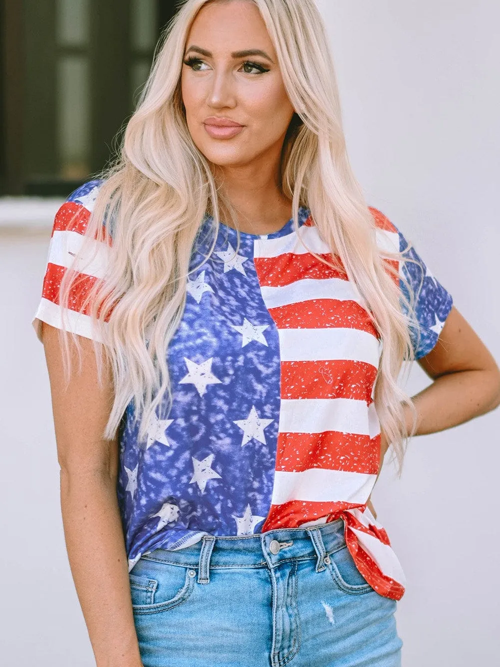 American Flag Striped Distressed Crew Neck Tee with Unique Details