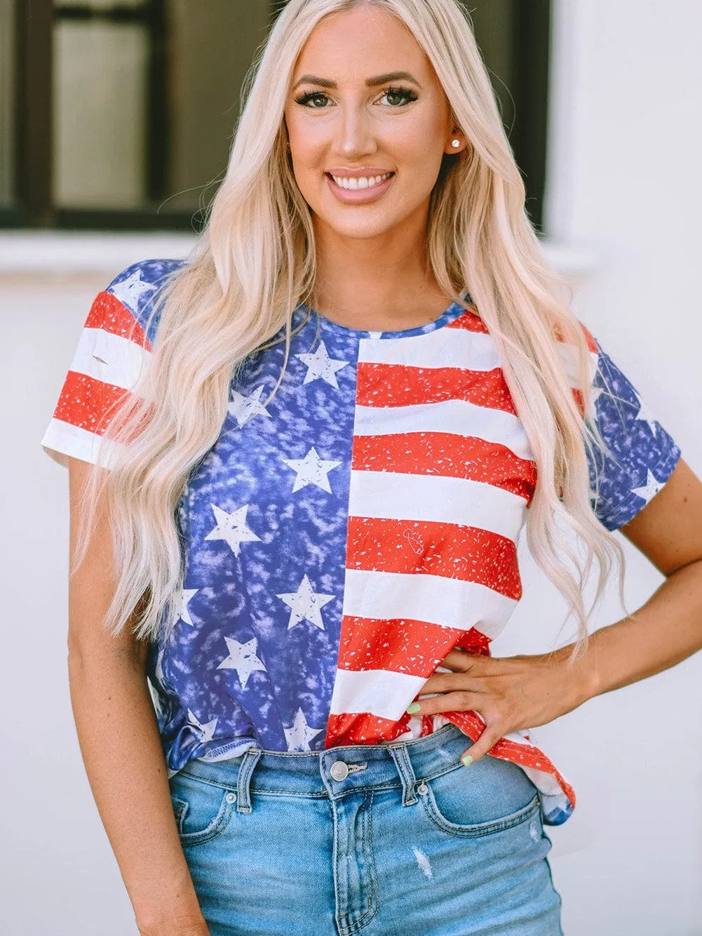 American Flag Striped Distressed Crew Neck Tee with Unique Details