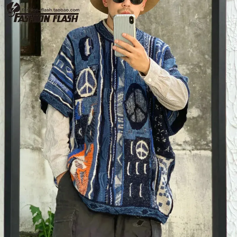 Anti War Color Matching Heavy Industry Retro Japan Short Sleeve Sweater - Loose Contrast Pullover