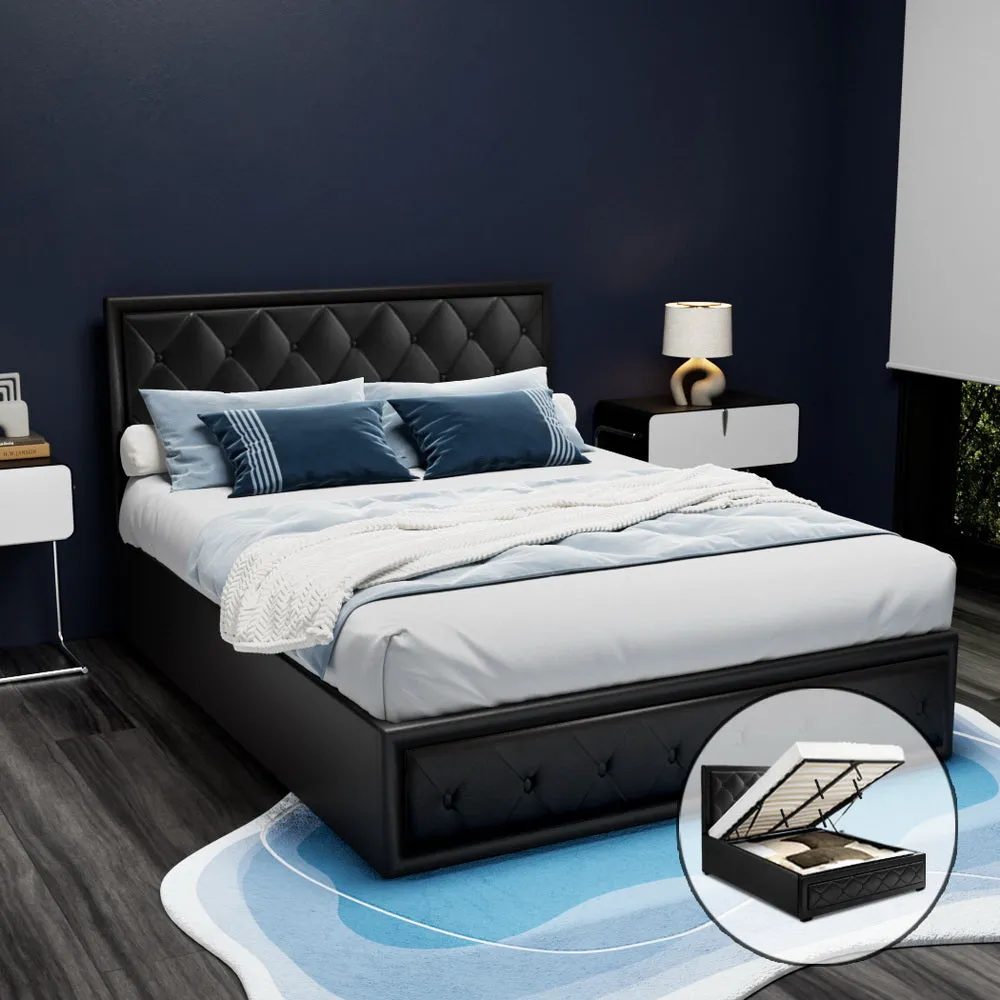 Artiss Bed Frame Double Size Gas Lift Base With Storage Black Leather Tiyo Collection