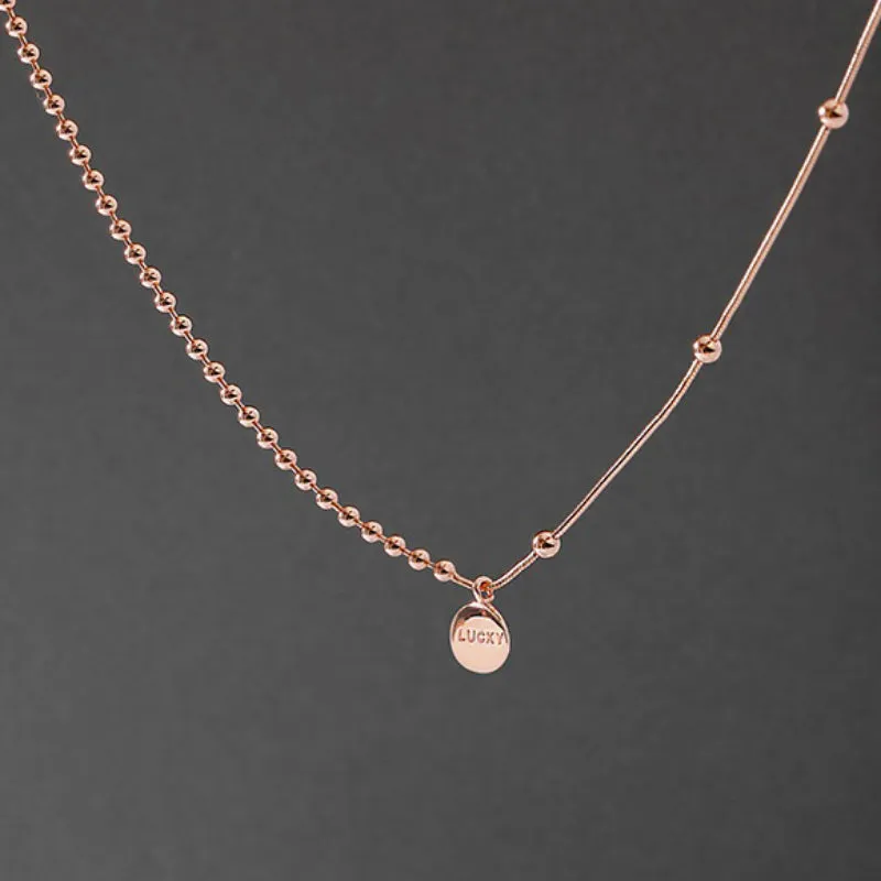 Asymmetric Beads Chain with Lucky Stamped Pendant Choker Necklaces