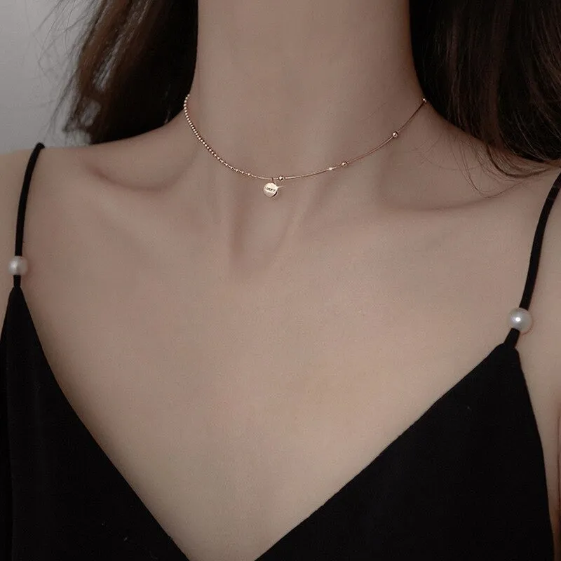 Asymmetric Beads Chain with Lucky Stamped Pendant Choker Necklaces