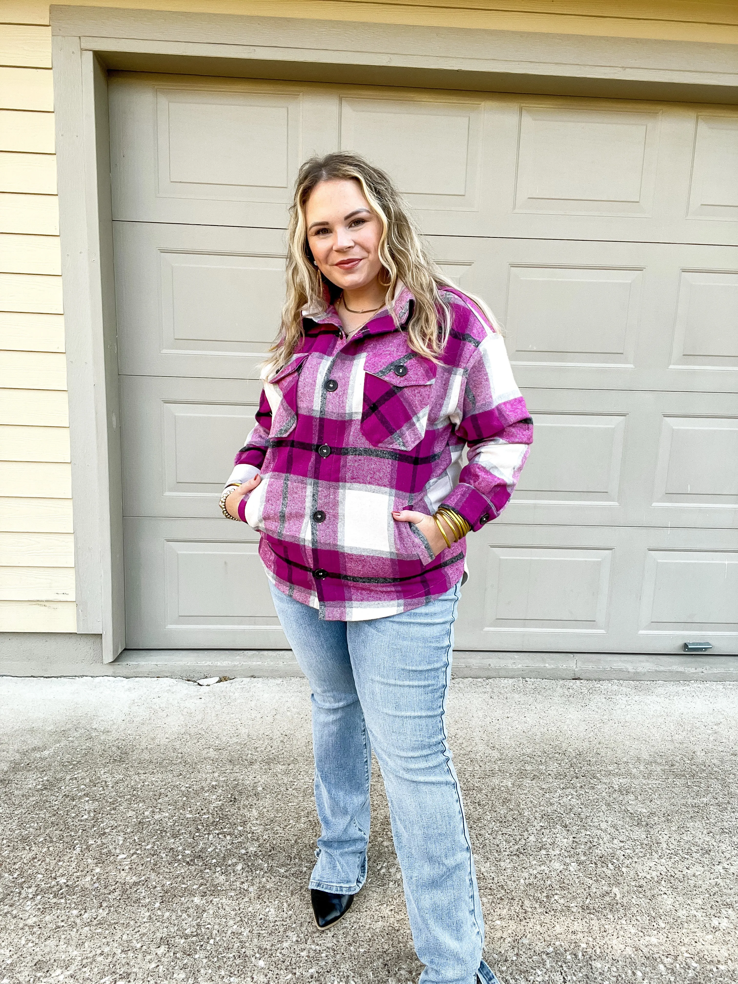 Autumn Air Plaid Button Up Shacket in Magenta