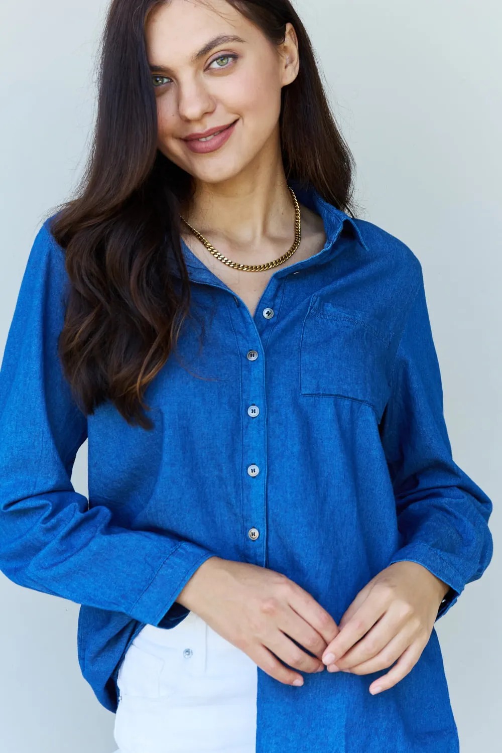 Baby Denim Button Down Shirt Top in Dark Blue