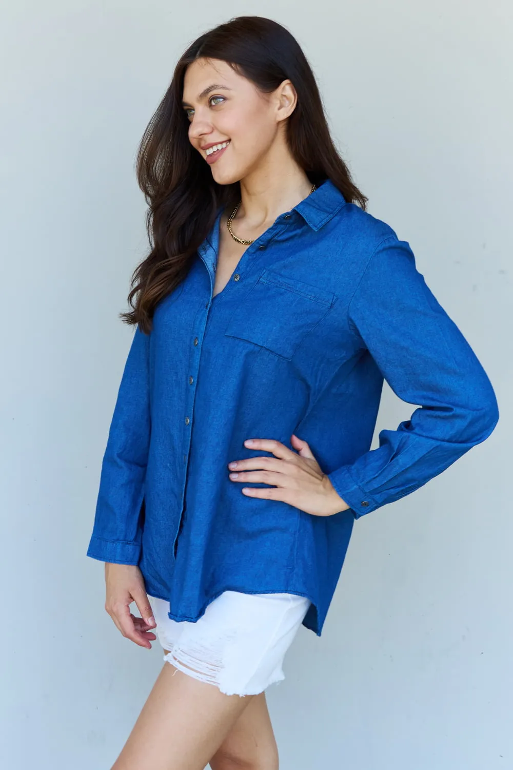 Baby Denim Button Down Shirt Top in Dark Blue