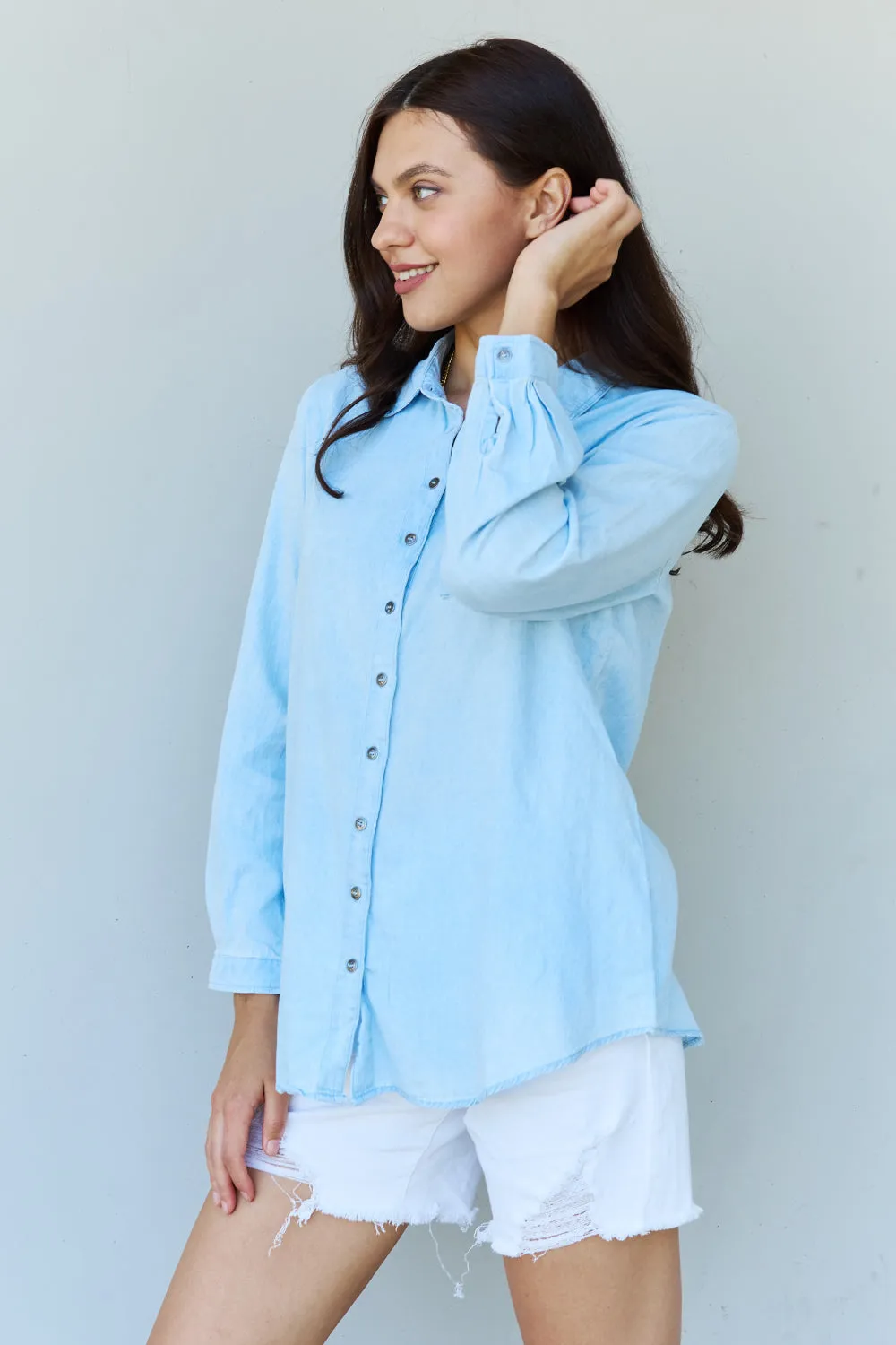 Baby Denim Button Down Shirt Top in Light Blue