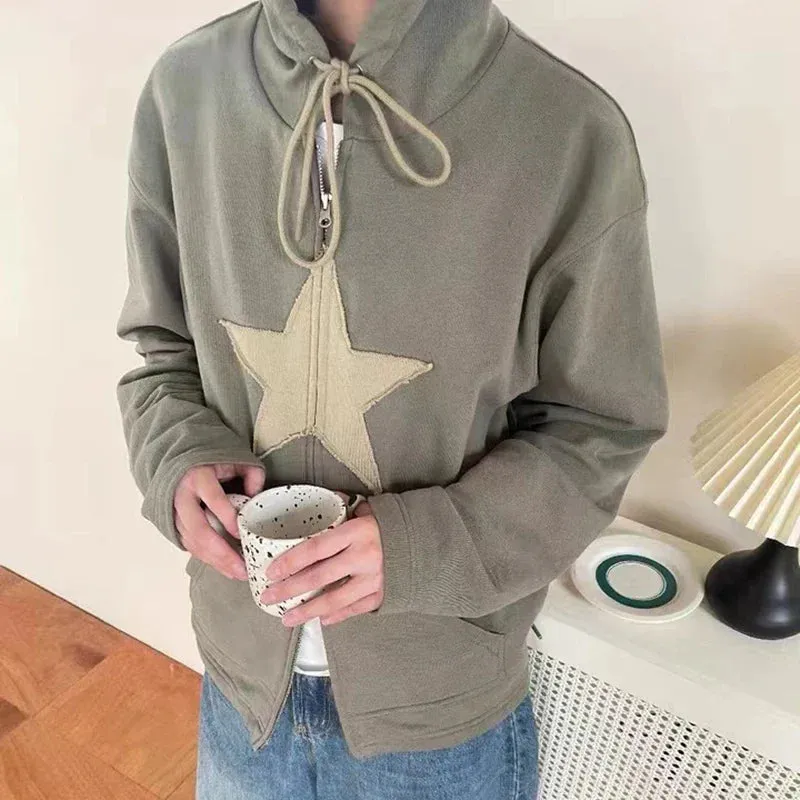 Back To School Joskaa 2000s Retro Harajuku Grunge Sweatshirt Y2K Vintage Star Patched Zip Up Hoodies Korean Fashion Autumn Spring Outerwear Coat