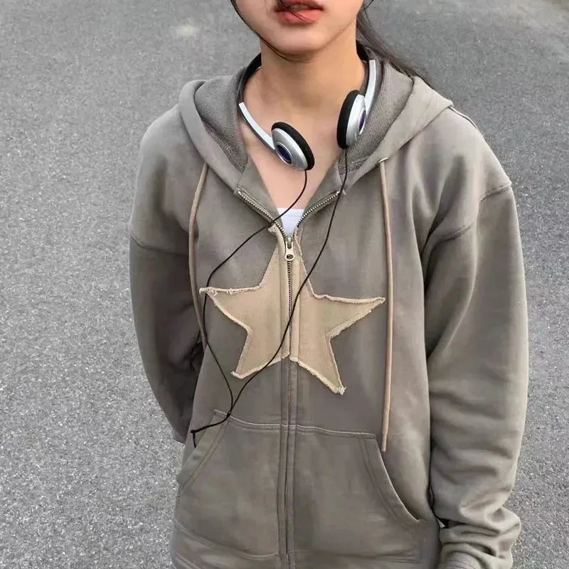 Back To School Joskaa 2000s Retro Harajuku Grunge Sweatshirt Y2K Vintage Star Patched Zip Up Hoodies Korean Fashion Autumn Spring Outerwear Coat