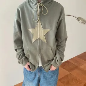 Back To School Joskaa 2000s Retro Harajuku Grunge Sweatshirt Y2K Vintage Star Patched Zip Up Hoodies Korean Fashion Autumn Spring Outerwear Coat