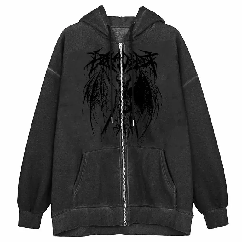 Back To School Joskaa Halloween Skeleton Print Jackets Coat Grunge Gothic Oversized Hoodies Women Autumn Vintage Sweatshirt Y2K Female Clothes