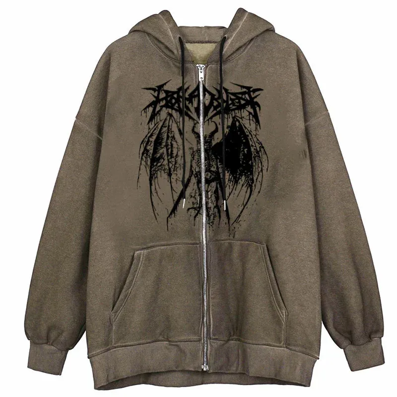 Back To School Joskaa Halloween Skeleton Print Jackets Coat Grunge Gothic Oversized Hoodies Women Autumn Vintage Sweatshirt Y2K Female Clothes