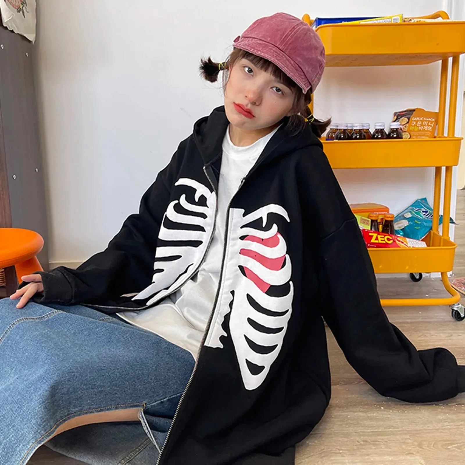 Back To School Joskaa Harajuku Solid Color Retro Zip-up Y2K Anime Gothic Hoodies Korean Style Loose Skull Print Goth Grunge Long-sleeved Hooded Coats