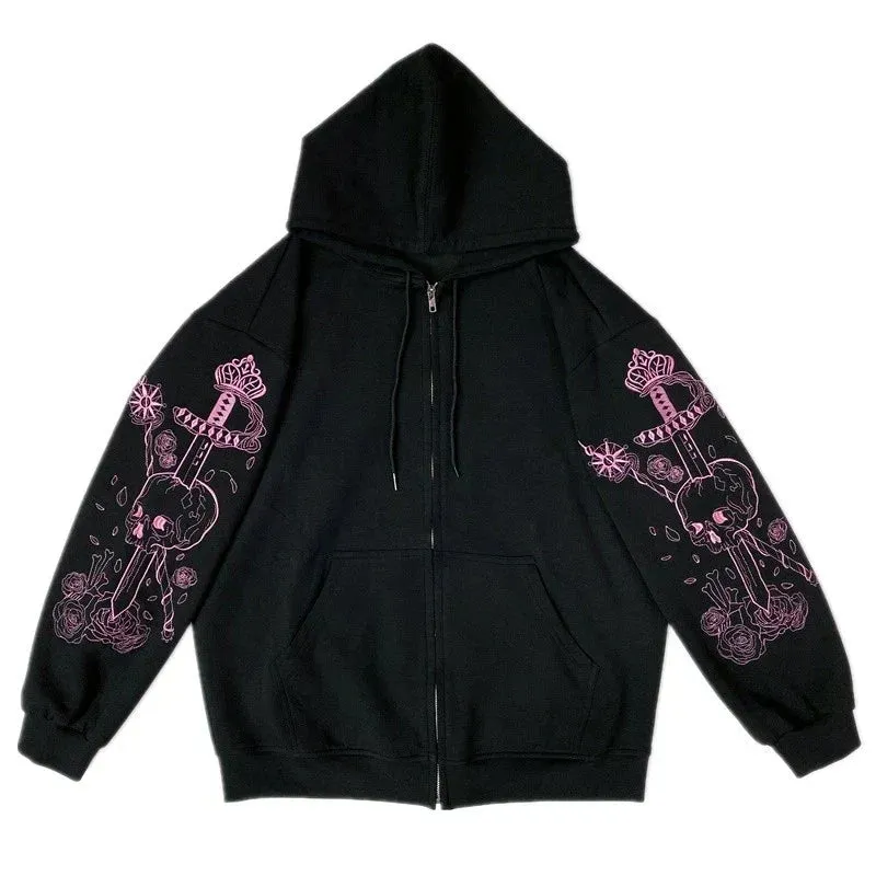 Back To School Joskaa Harajuku Solid Color Retro Zip-up Y2K Anime Gothic Hoodies Korean Style Loose Skull Print Goth Grunge Long-sleeved Hooded Coats