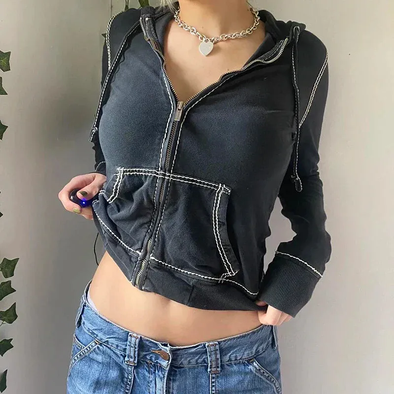 Back To School Joskaa Harajuku Vintage Zip Up Hoodies 90s Aesthetics Y2K Sweatshirts with Pockets E-girls Dark Academia Grunge Coat Crop Top