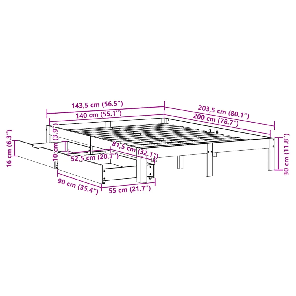 Bed Frame with Drawers White 140x200 cm Solid Wood Pine