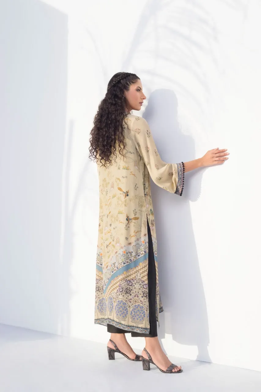 Beige Column Kurta With Black Rawsilk Culottes