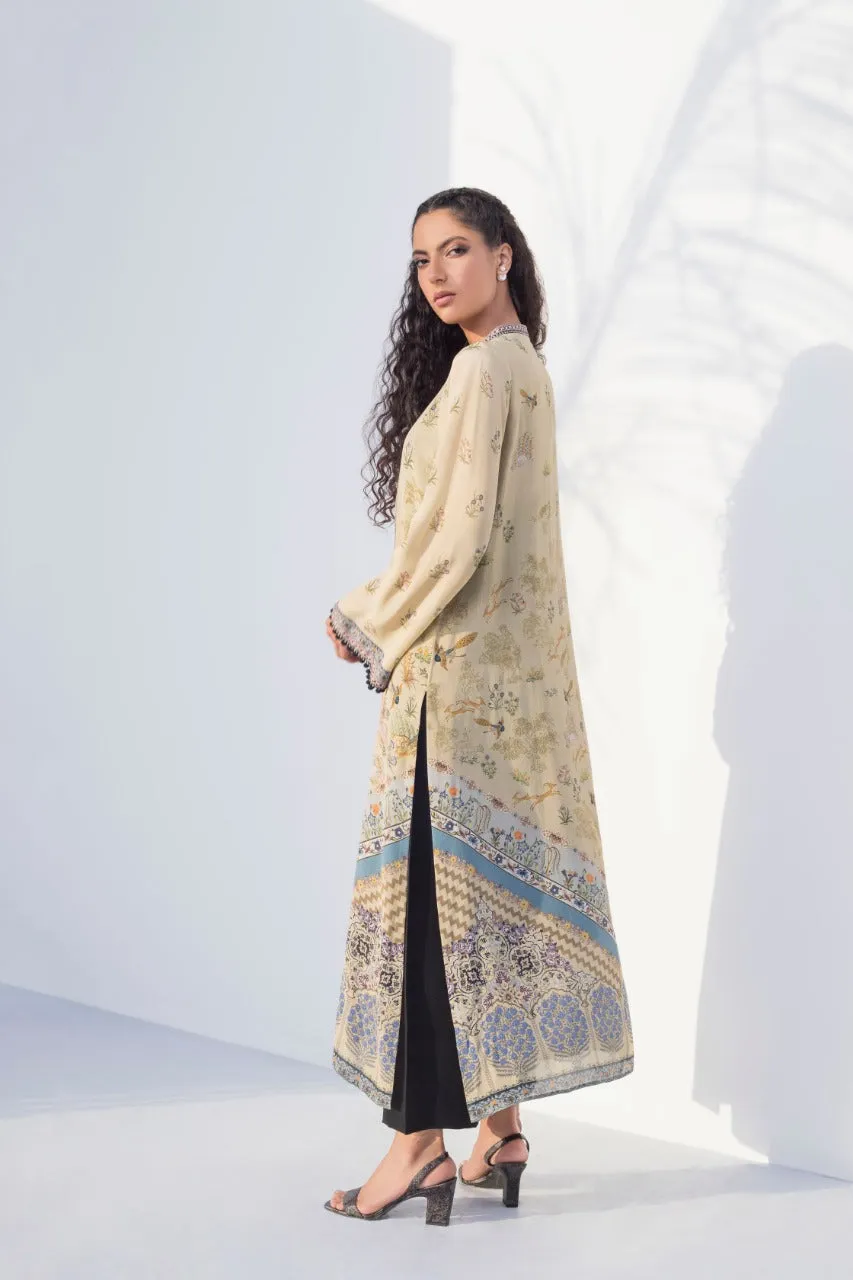 Beige Column Kurta With Black Rawsilk Culottes