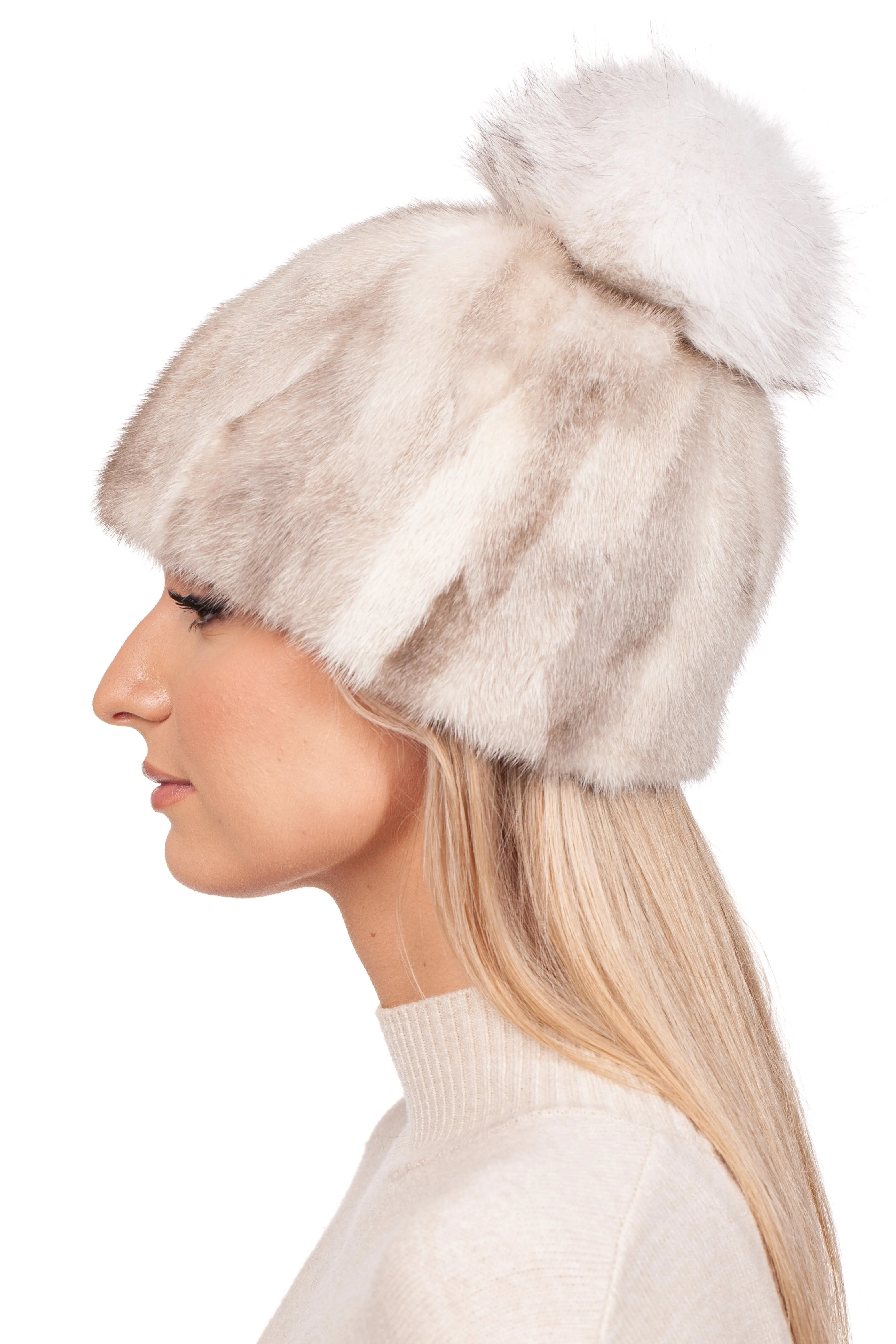 Beige Mink Fur Beanie with Fox Fur Pom Pom