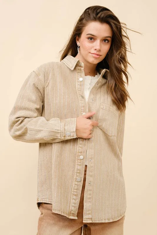 BEST SELLER!! Crystal Striped Denim Shacket in Beige - PRE ORDER