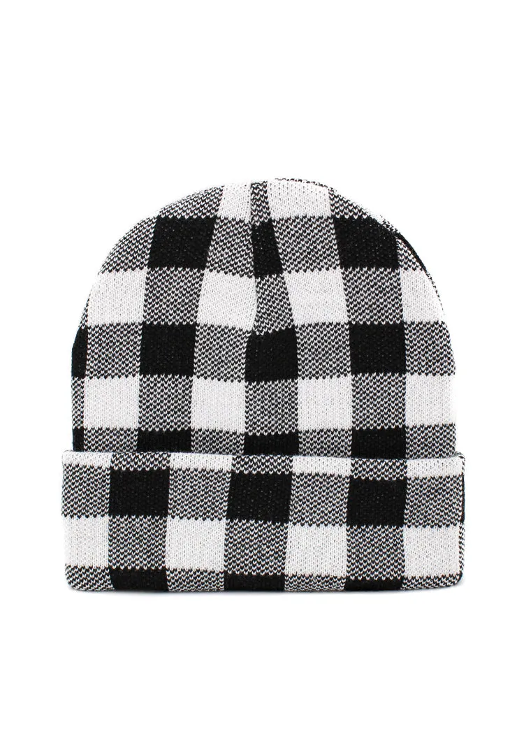 Black and White Checkered Beanie Hat