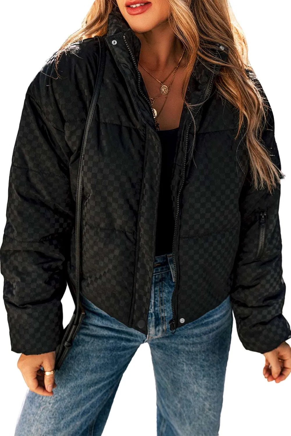 Black Checkerboard Full Zipper Puffer Jacket: For When You Want to Look Like a Total Badass, Even on the Coldest Days