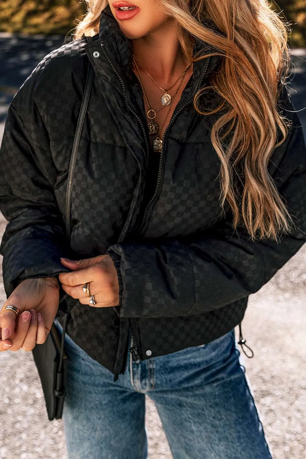 Black Checkerboard Full Zipper Puffer Jacket: For When You Want to Look Like a Total Badass, Even on the Coldest Days