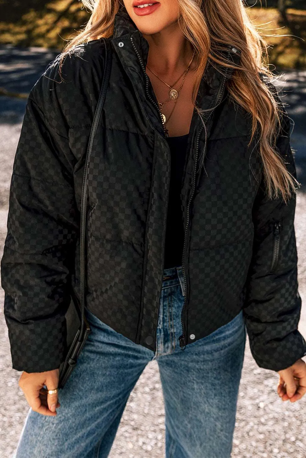 Black Checkerboard Full Zipper Puffer Jacket: For When You Want to Look Like a Total Badass, Even on the Coldest Days