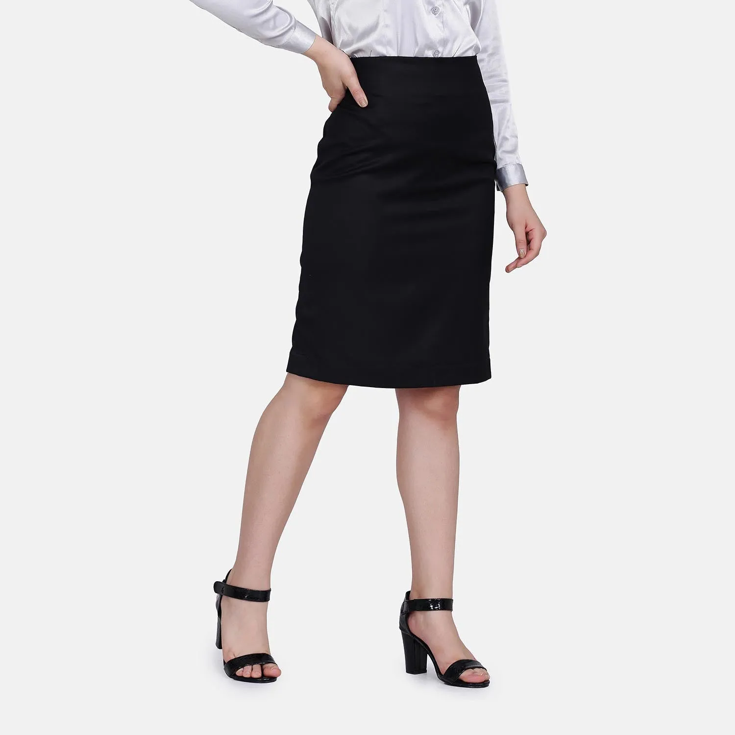 Black Cotton Straight Pencil Fit Office Skirt