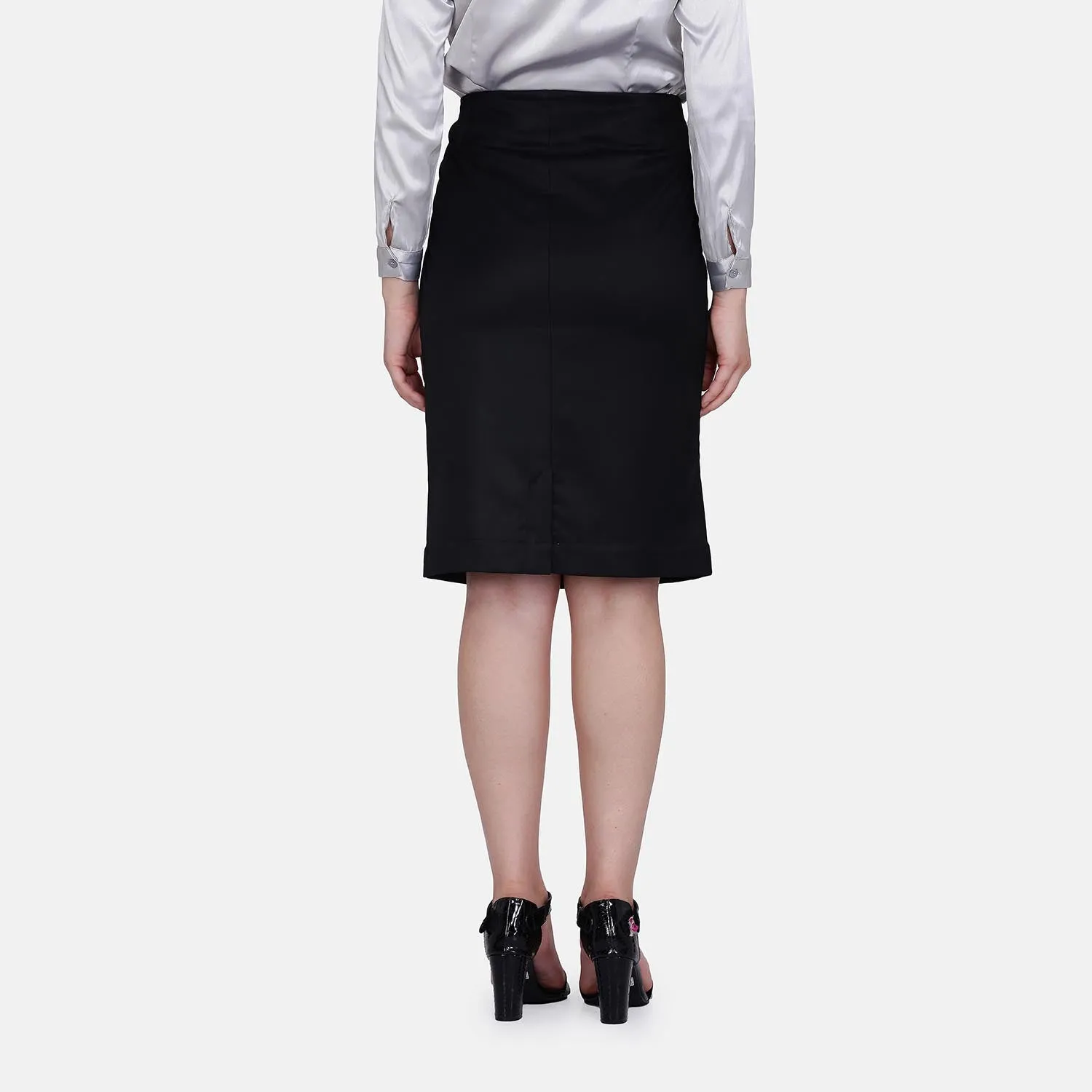 Black Cotton Straight Pencil Fit Office Skirt