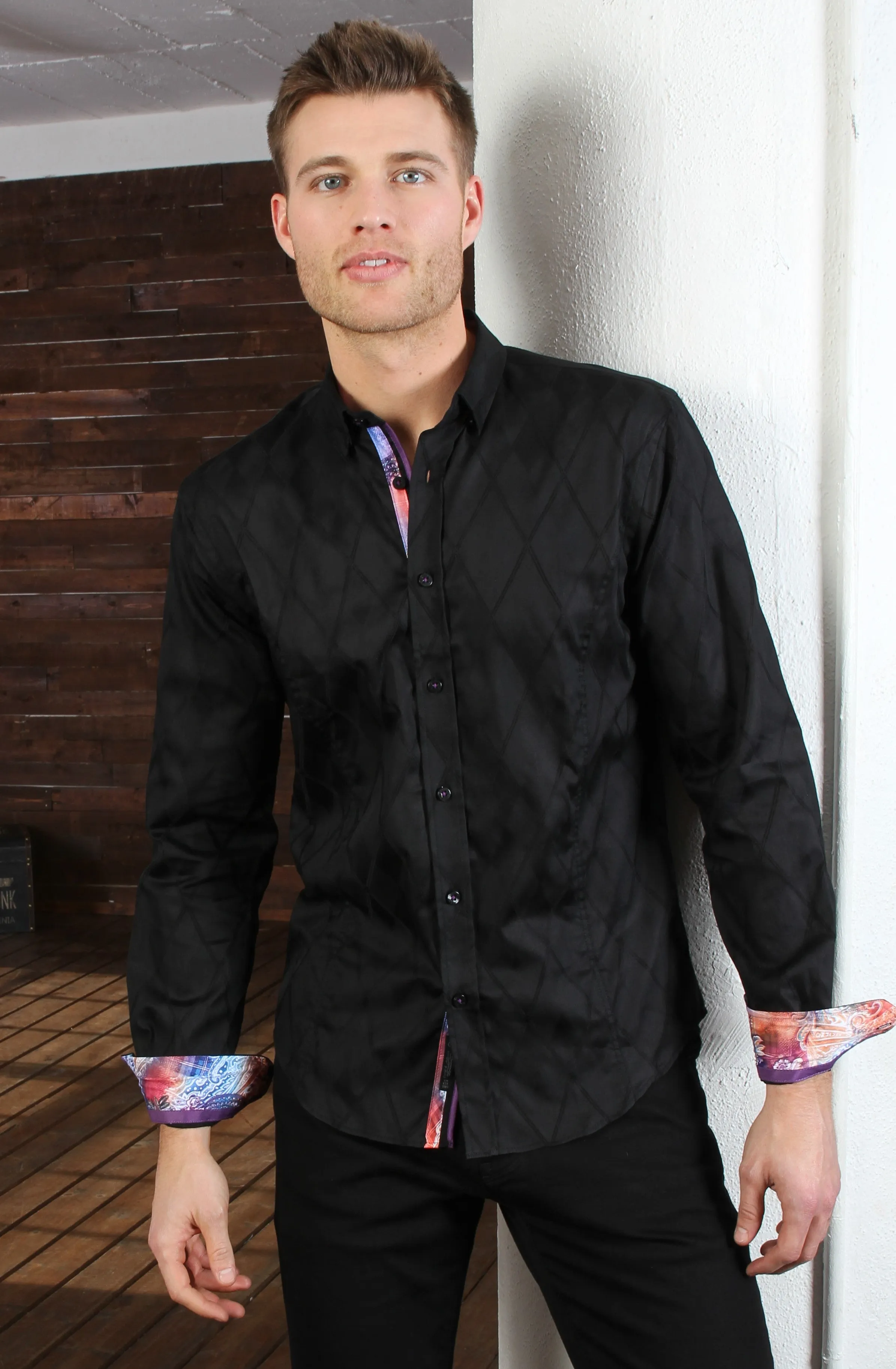 Black Diamond Button Down Jacquard Shirt W/ Colorful Trim