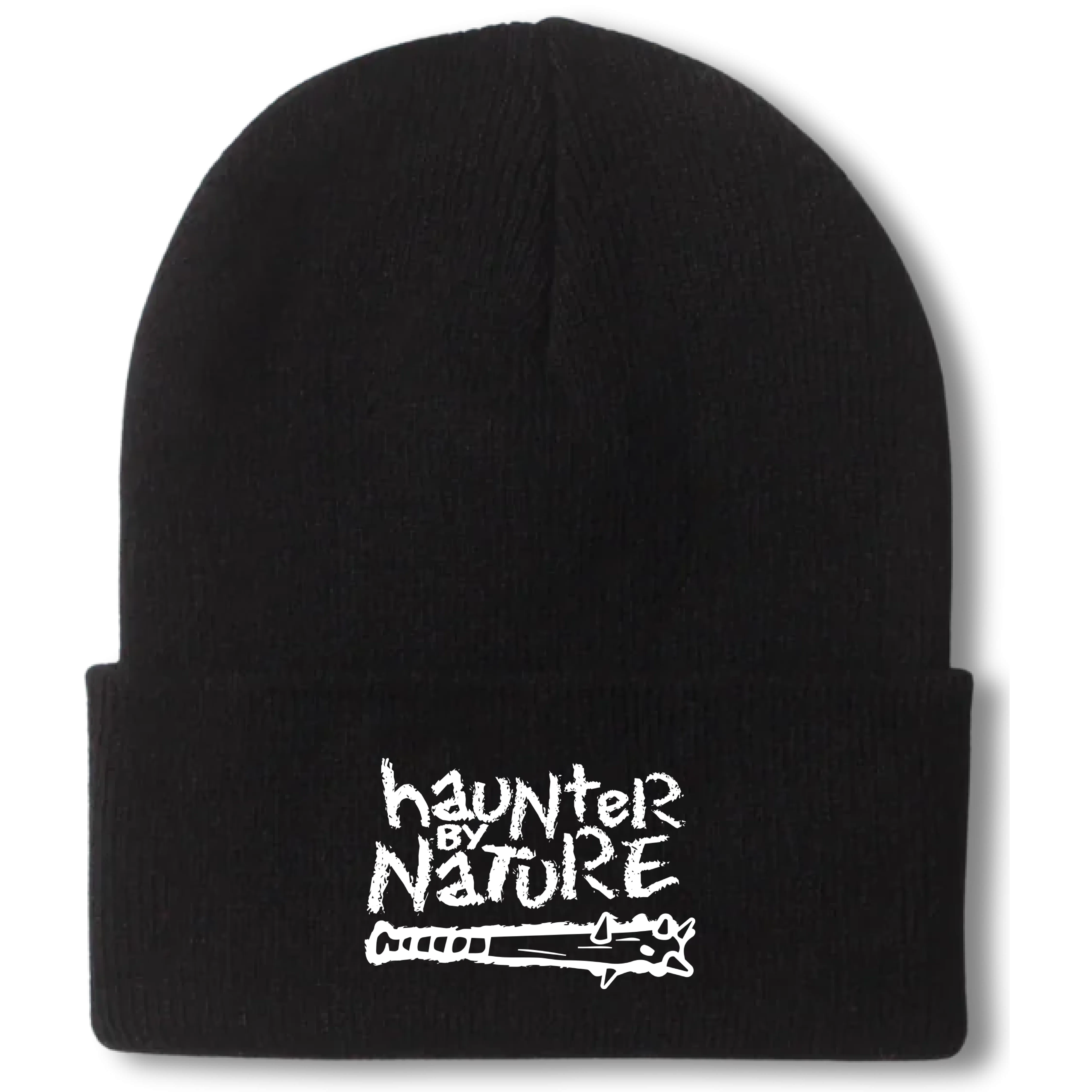 Black Knit Cuffed Beanie with Embroidered 'Haunter by Nature' – Halloween Design