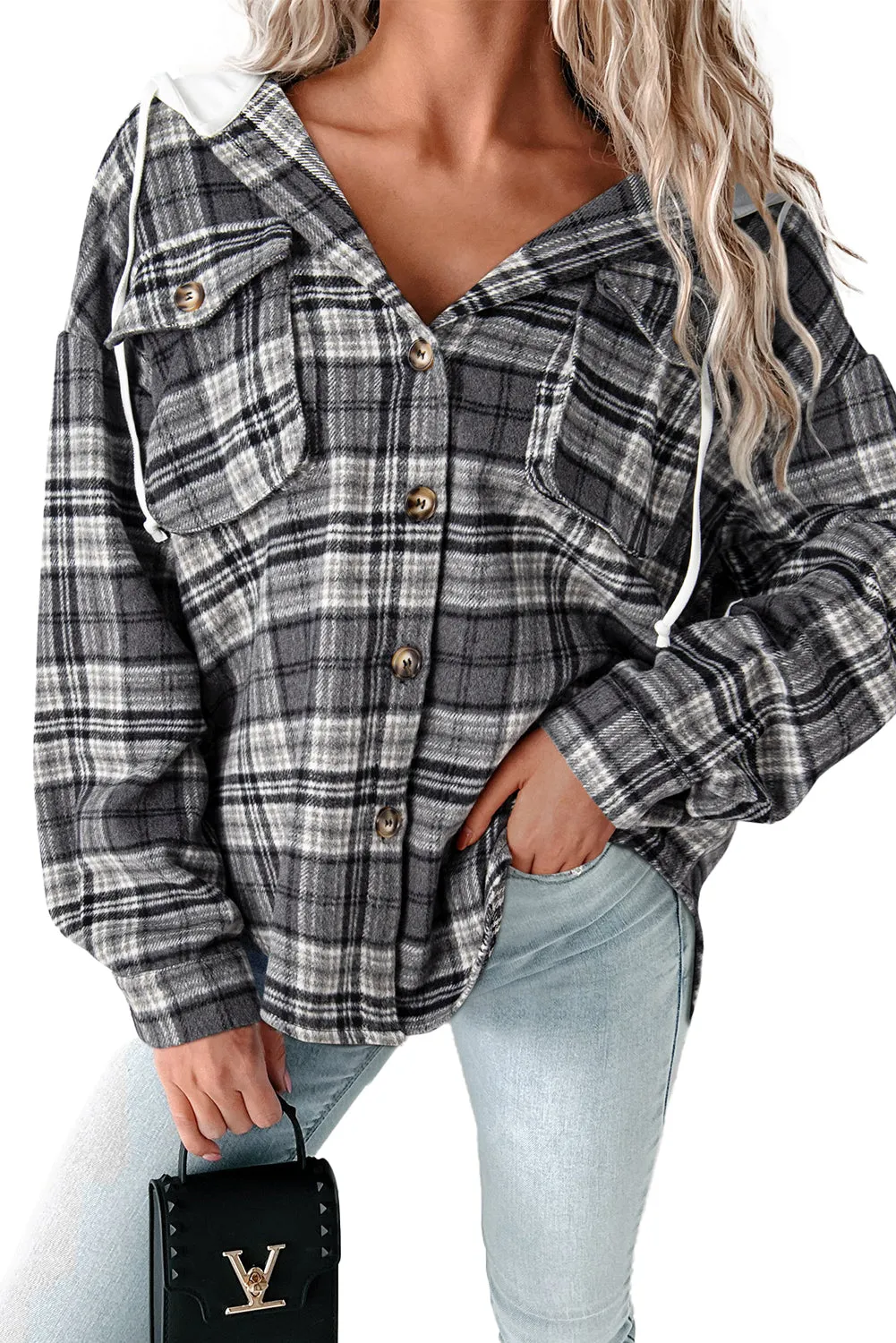 Black Plaid Print Flap Pockets Contrast Hooded Loose Jacket 🖤 | Gothic Outlaws - Bold Comfort, No Apologies 💀