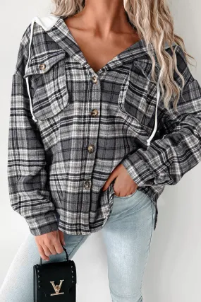 Black Plaid Print Flap Pockets Contrast Hooded Loose Jacket 🖤 | Gothic Outlaws - Bold Comfort, No Apologies 💀