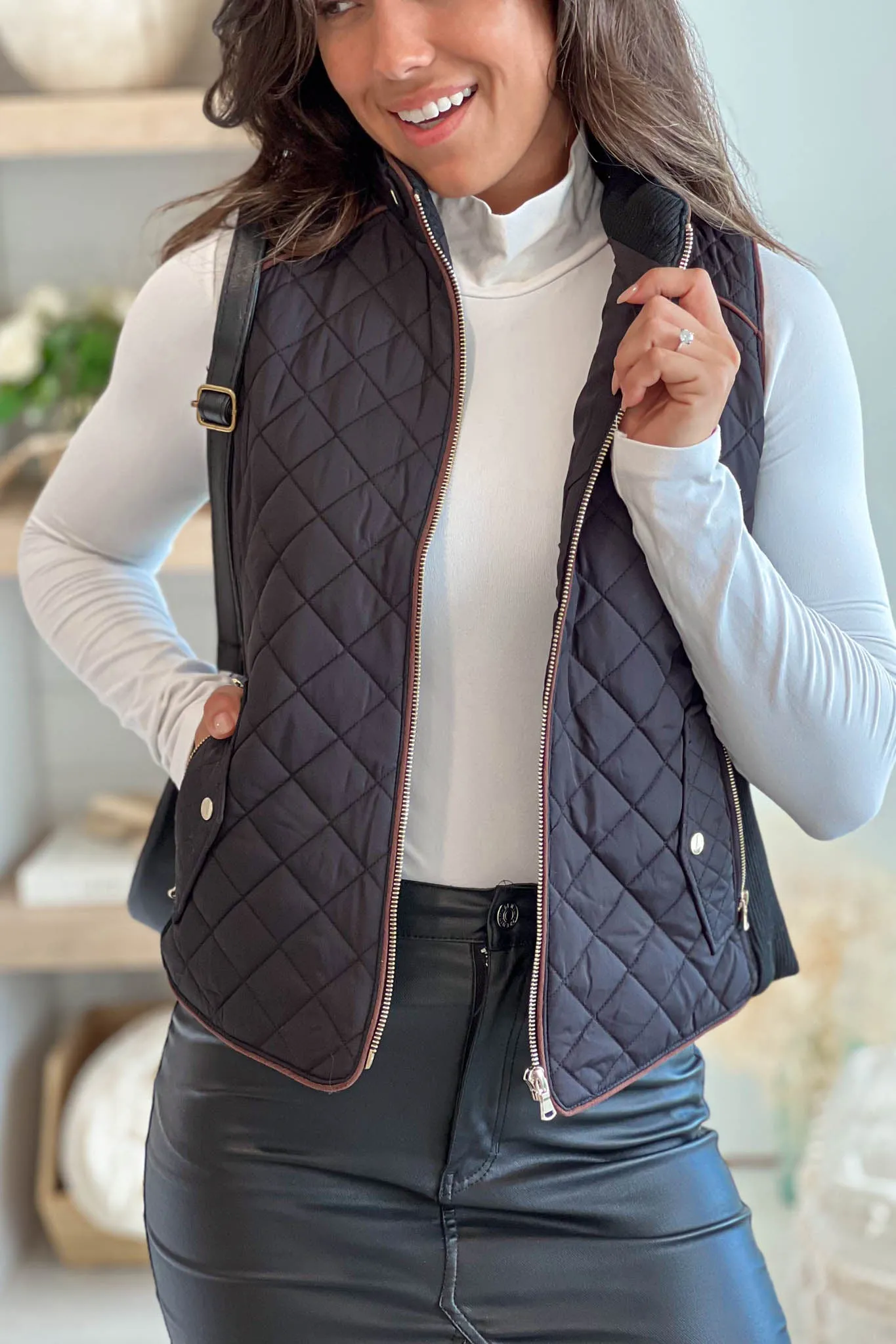 Black Quilted Vest With Front Pockets