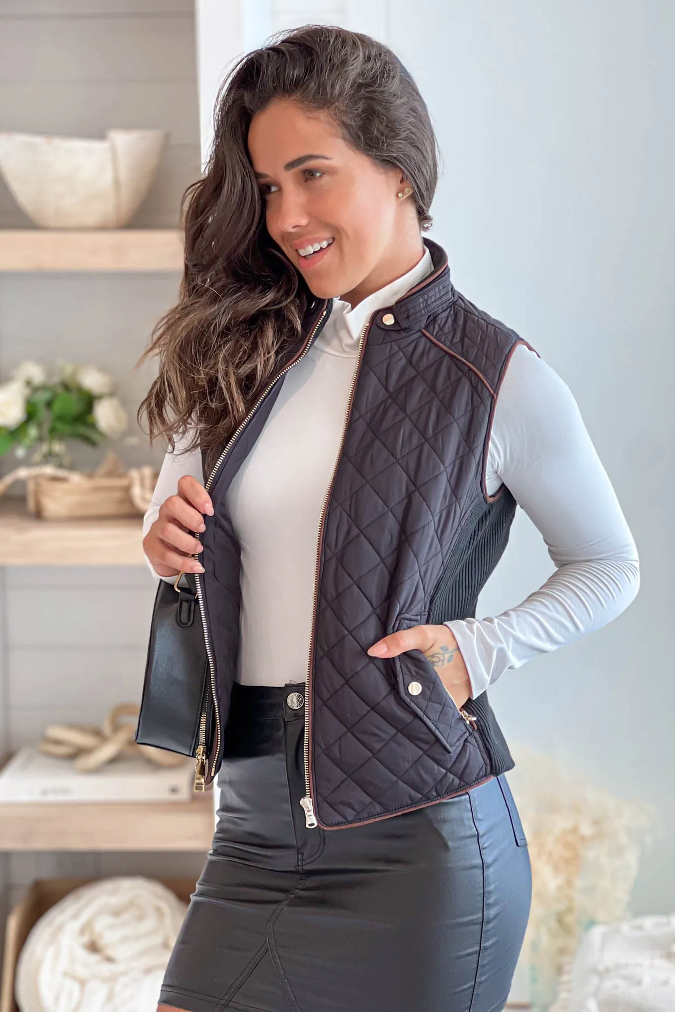 Black Quilted Vest With Front Pockets