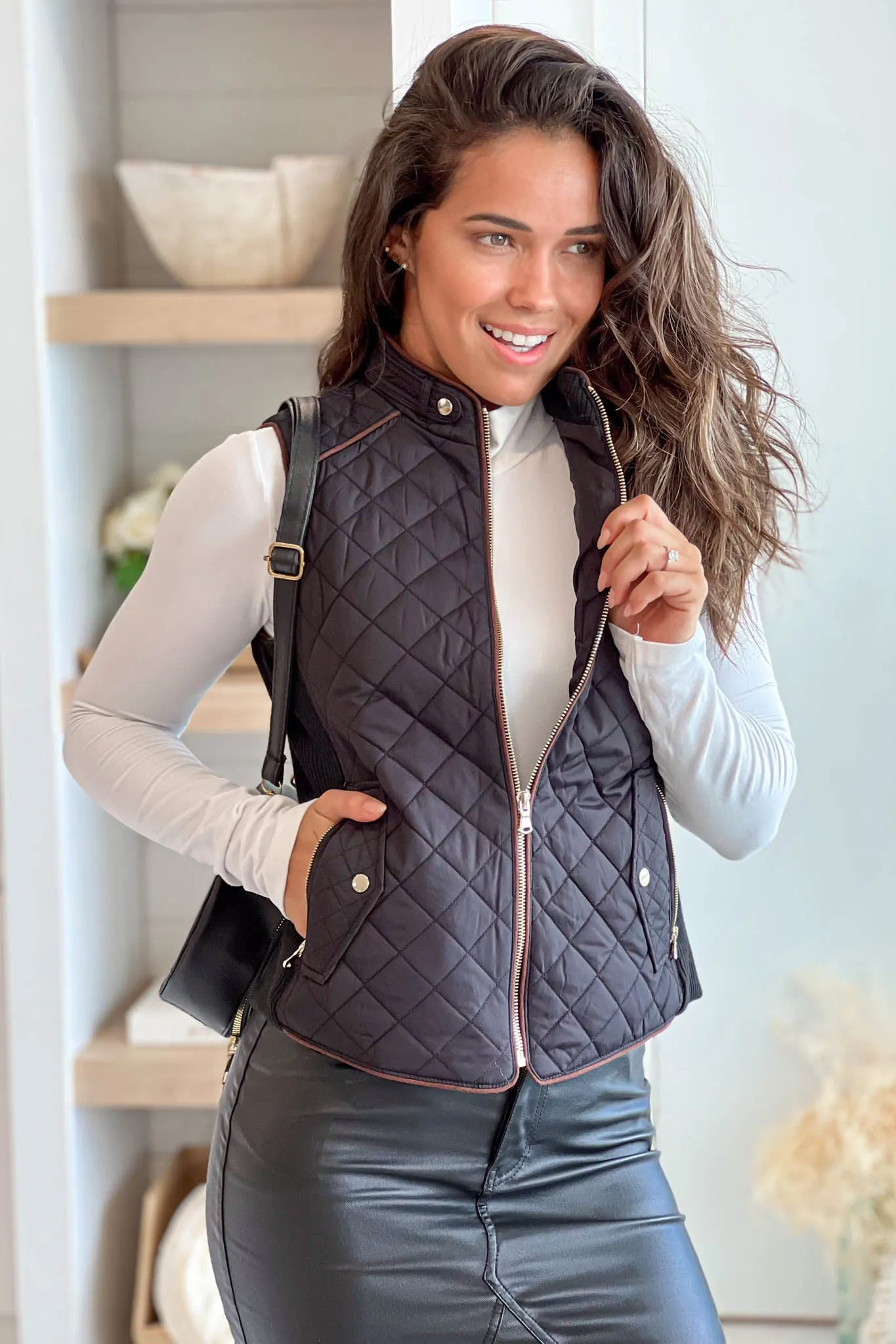 Black Quilted Vest With Front Pockets