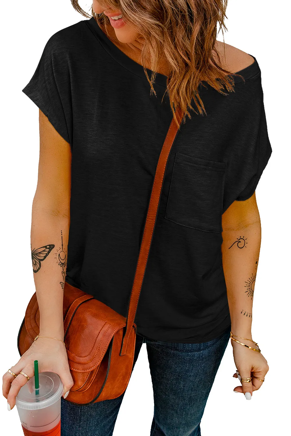 Black Short Sleeve Basic T Shirt with Patch Pocket