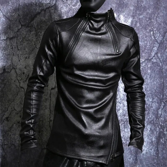 Black Stand Collar  Gothic Slim Fit Punk Men Faux Leather Jacket