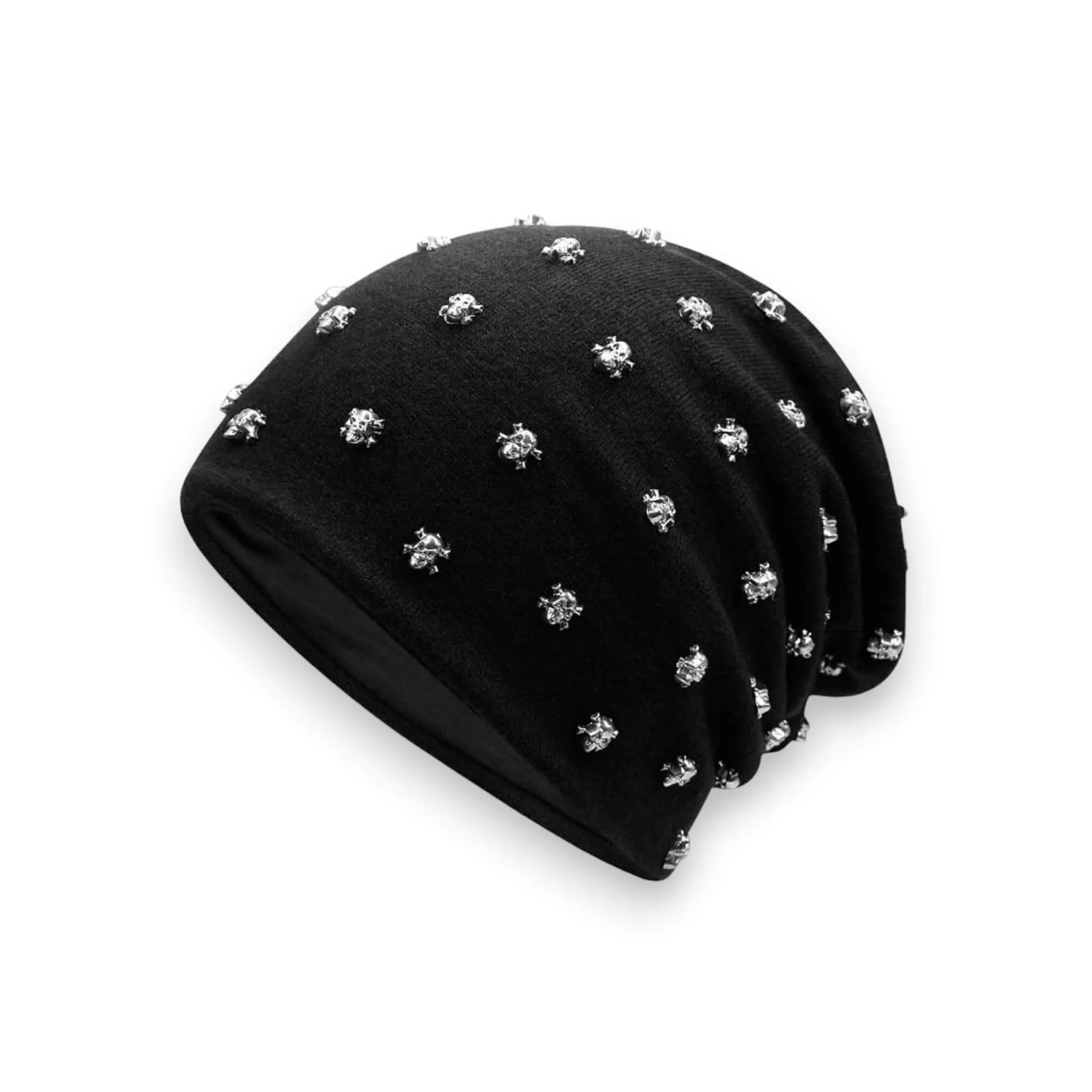 Black Studded Skulls O-Ring Fleece Beanies