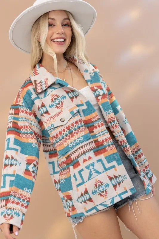 Blue B Multicolor Western Aztec Curved Raw Hem Shacket