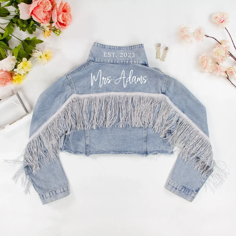 (Blue Fringe) Custom Mrs. Last Name Denim Jacket